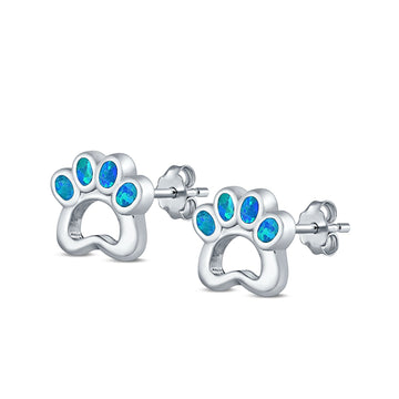 Paw Print Stud Earrings Lab Created Blue Opal 925 Sterling Silver (13mm)